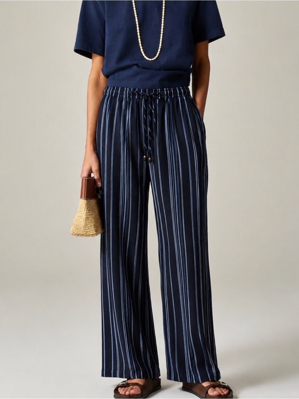 Striped Linen Pants Ellen Tracy Blue White Drawstring Wide Leg Size S